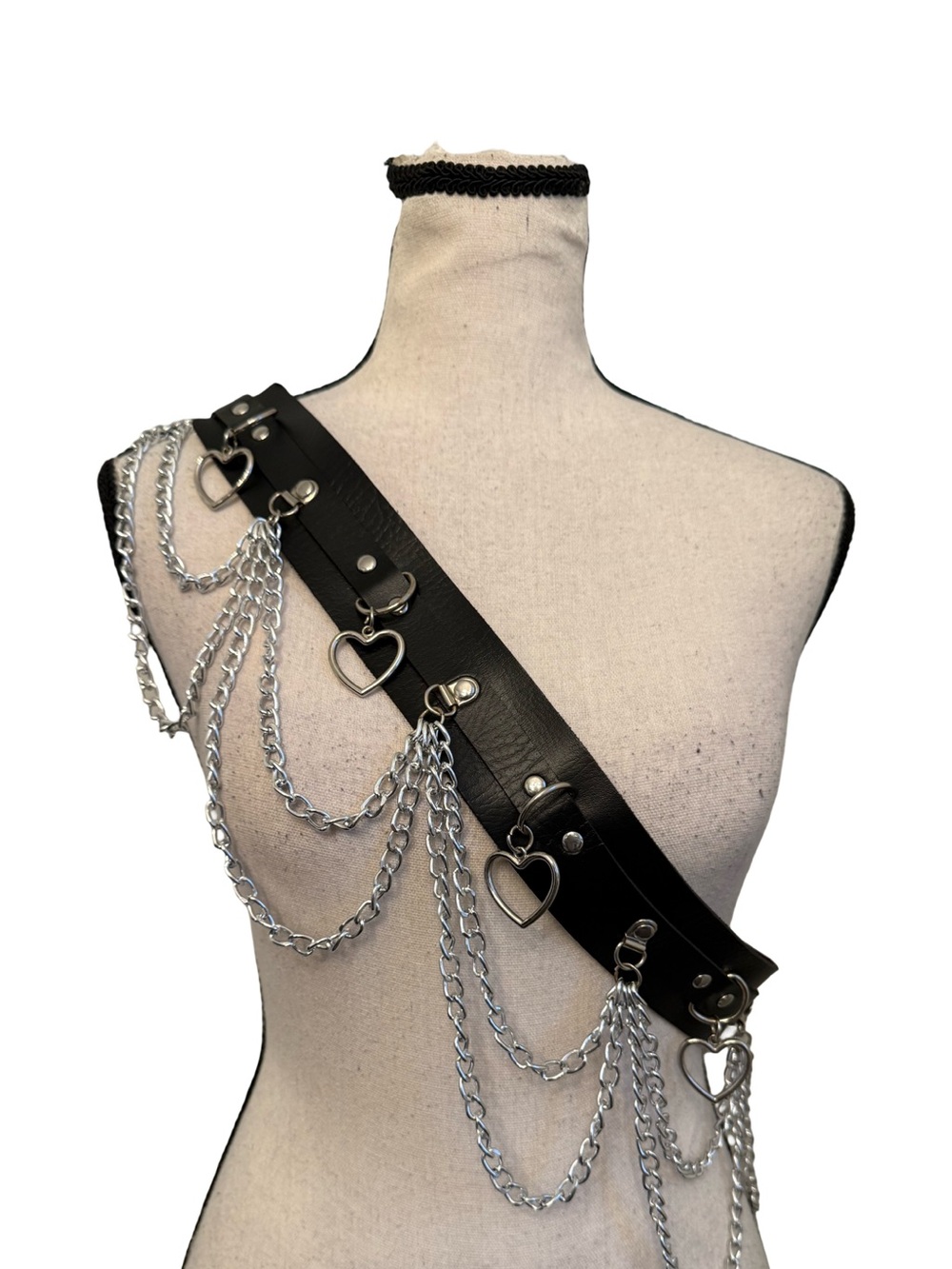 Y2K Black Faux Leather Chain Harness Belt Heart Charm Punk Goth Festival